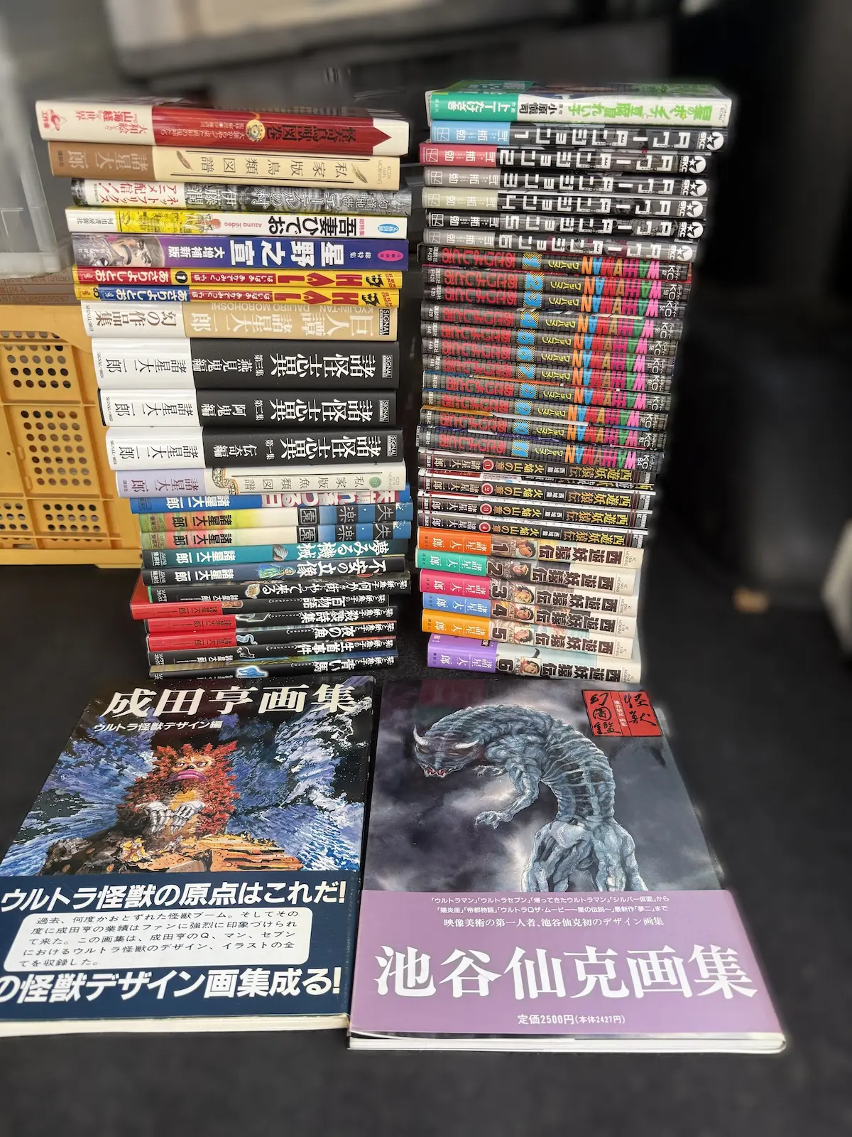 広島市安芸区でお譲りいただいた本を事務所前の車内に並べた状態。左右2つの束に分けて背表紙を上に向けて積み、手前に成田亨画集と池谷仙克画集の大型本2冊を表紙を見せて並べている。左奥には黄色いオリコン（折り畳みコンテナー）が見える