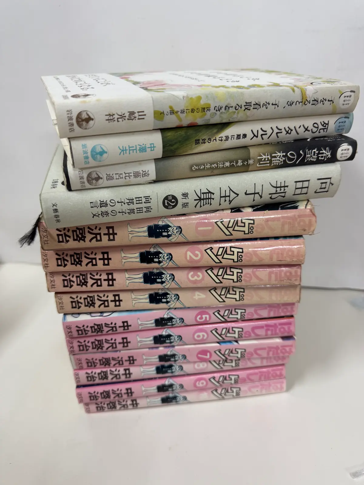 安芸高田市でお預かりした本のうち14冊を積み上げたところ。下段に『はだしのゲン』全10巻、その上に岩波書店「シリーズ ここで生きる」の四六判3冊（山崎光祥『子を看るとき、子を看取るとき』、中澤正夫『死のメンタルヘルス』、遠藤比呂通『希望への権利』）と『向田邦子全集 新版』第2巻が重ねてある