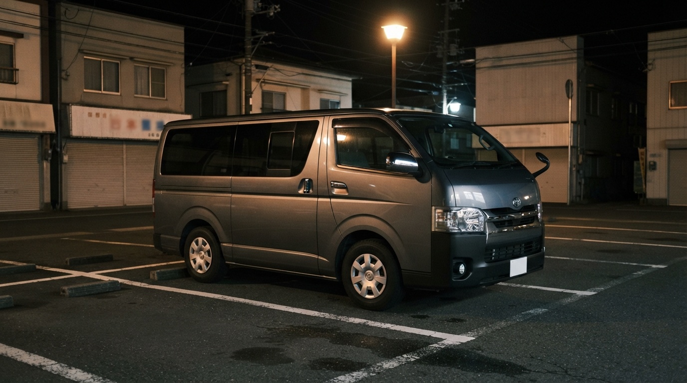 9年目のトヨタハイエース200系4型スーパーGL標準ボディ・標準ルーフ・ガンメタ、深夜の事務所前の駐車場に停車した状態