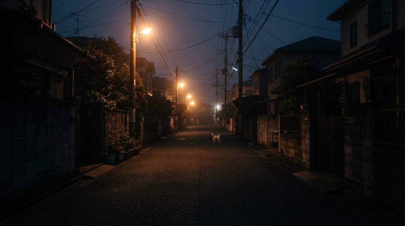 深夜、街灯だけが灯る呉市内の生活道路。徒歩で帰宅する道すがら、遠くに小さく白い野犬のシルエット