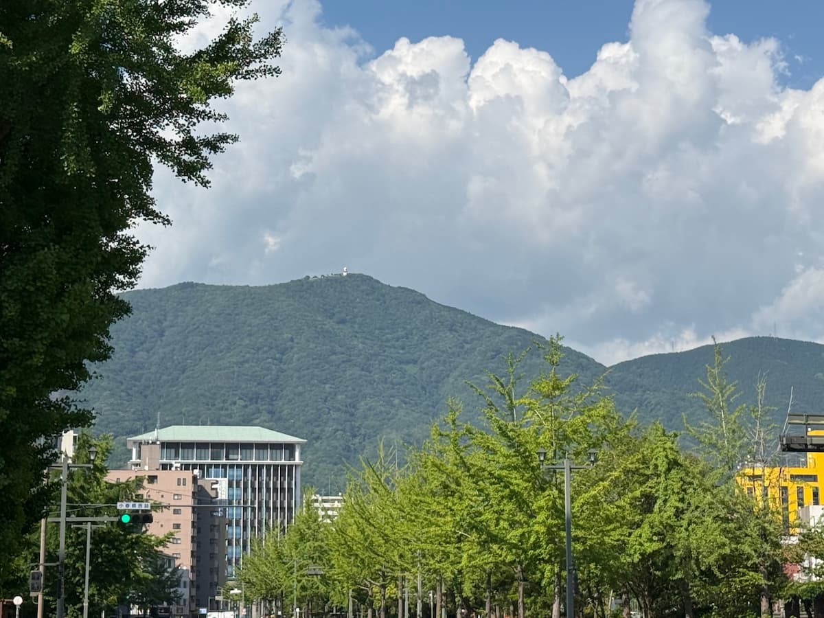 JR呉駅近く・蔵本通り（呉市役所前）から見上げた灰ヶ峰、山頂の白いドーム（気象レーダー観測所）が見える