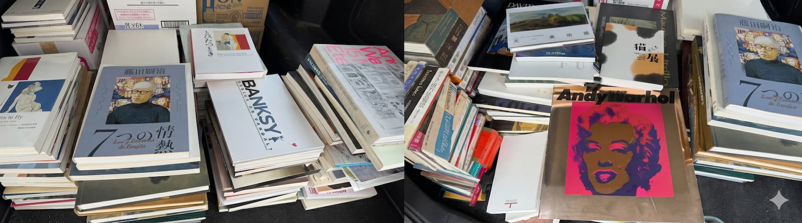 呉市内のお客様の車のトランクに積み上げられた美術館図録 約250冊。アンディ・ウォーホル『マリリン』、藤田嗣治『7つの情熱』、バンクシー『GENIUS OR VANDAL?』、ピカソなどの背表紙が見える