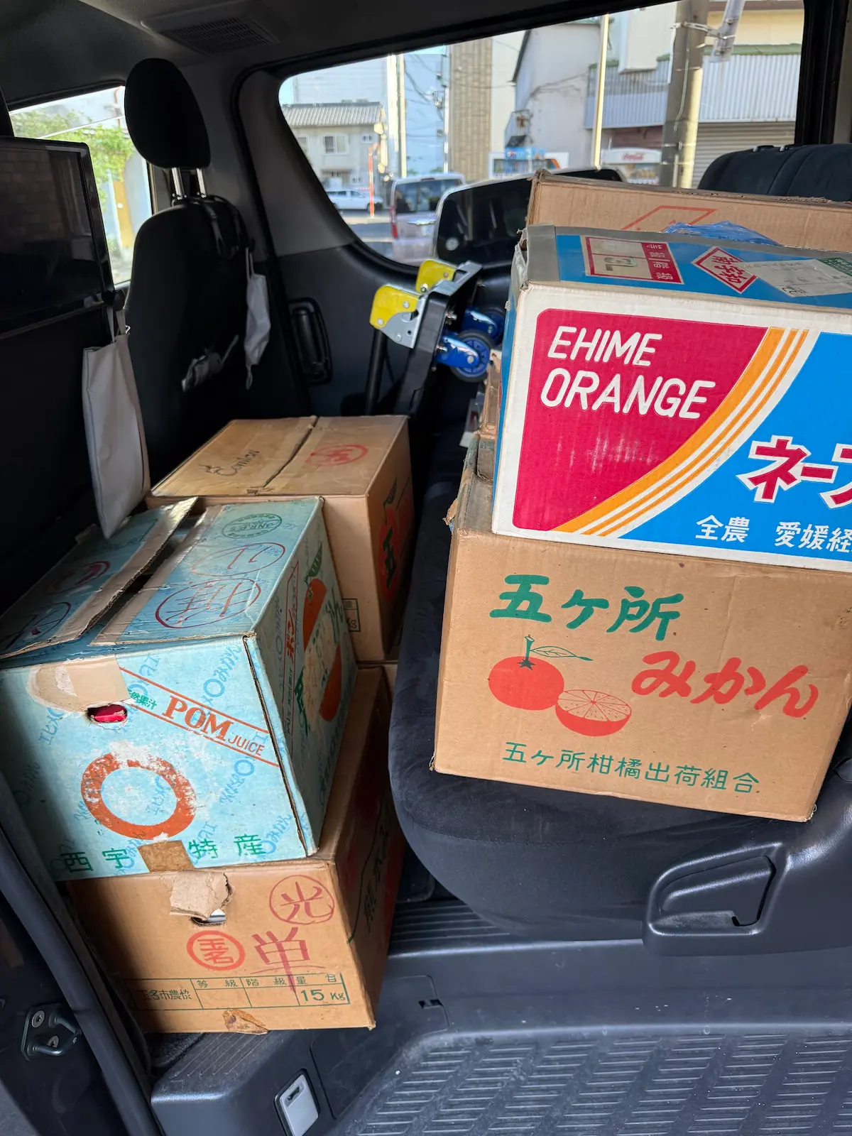 呉市でお譲りいただいたSF蔵書を積み込んだ車内。後席に段ボール箱が積み上がっており、箱はすべて柑橘類の出荷箱。「EHIME ORANGE ネーブル 全農 愛媛経済連」「五ケ所みかん 五ケ所柑橘出荷組合」「POM JUICE 西宇和特産」の印字が読める