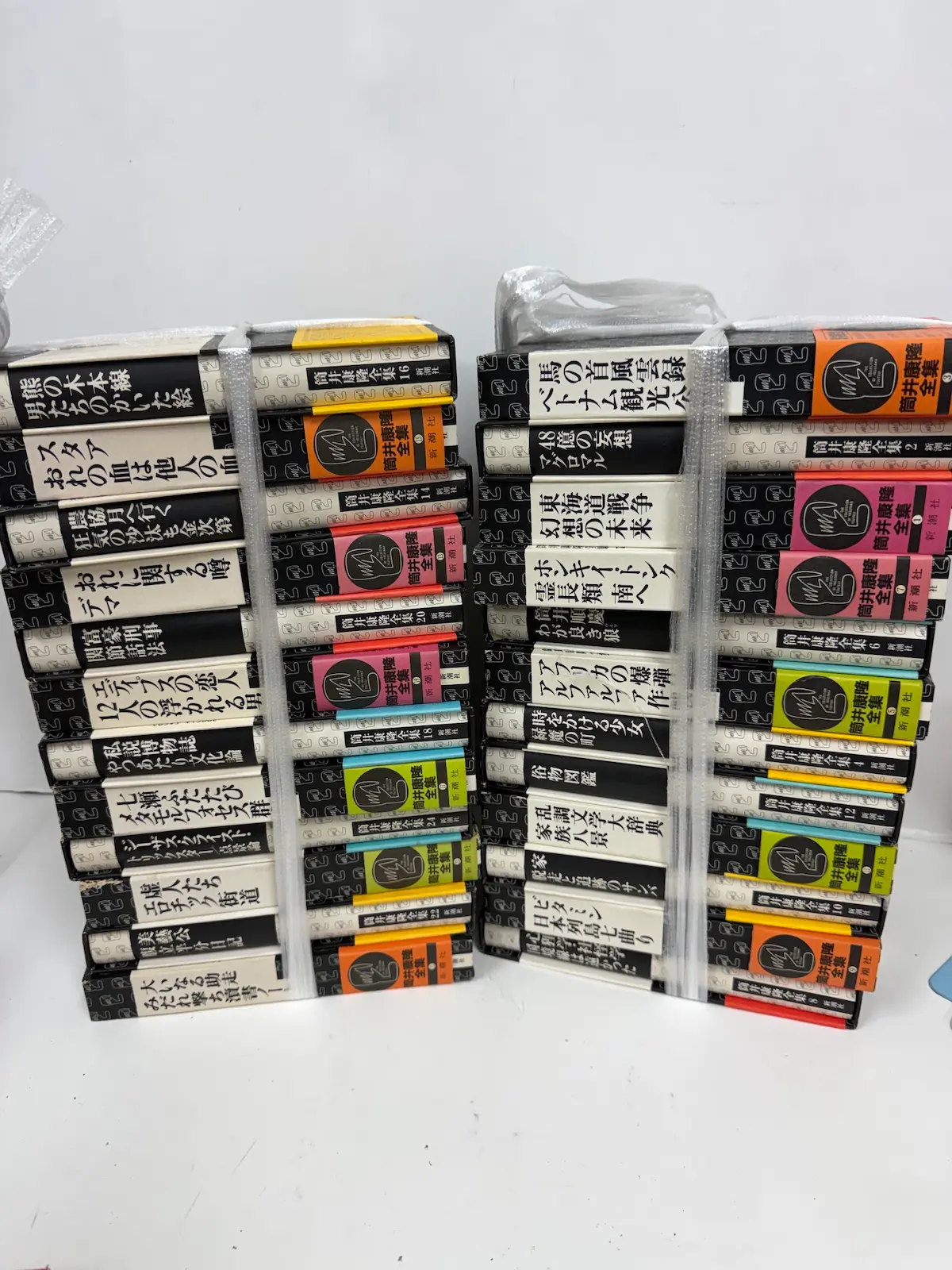 新潮社『筒井康隆全集』全24巻。2つの山に12冊ずつ積まれており、すべて函入りで透明のビニールカバーが掛かった状態。背表紙には巻数と収録作品名が印刷されている
